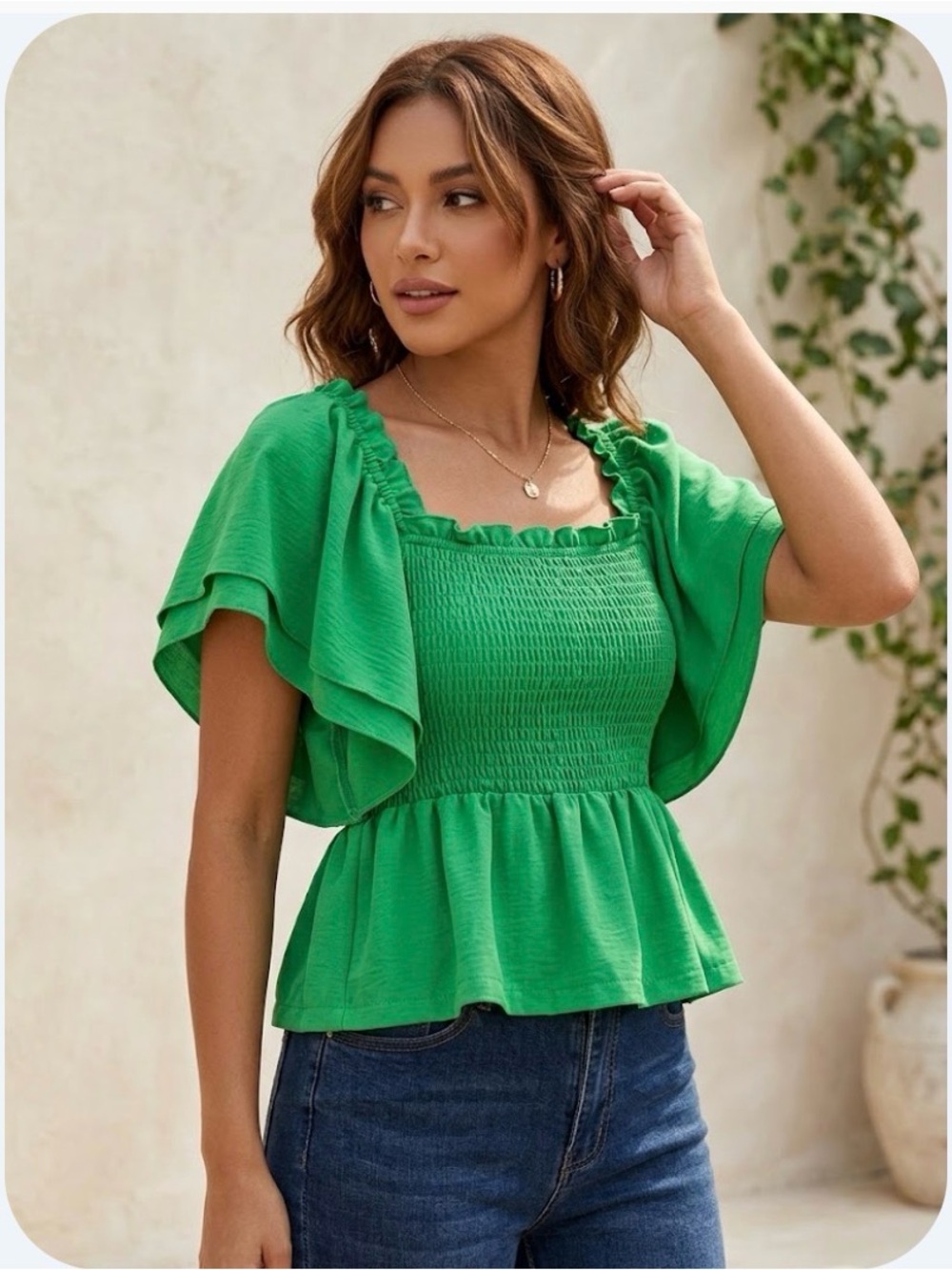 Smocked Peplum Blouse with Flutter Sleeves in Green